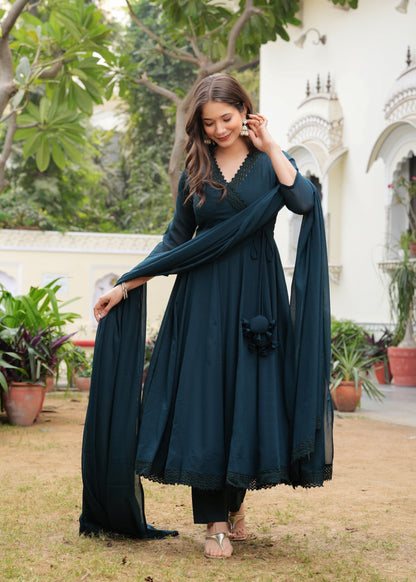 Teal Anarkali Solid Lace Work Kurta & Trousers With Dupatta