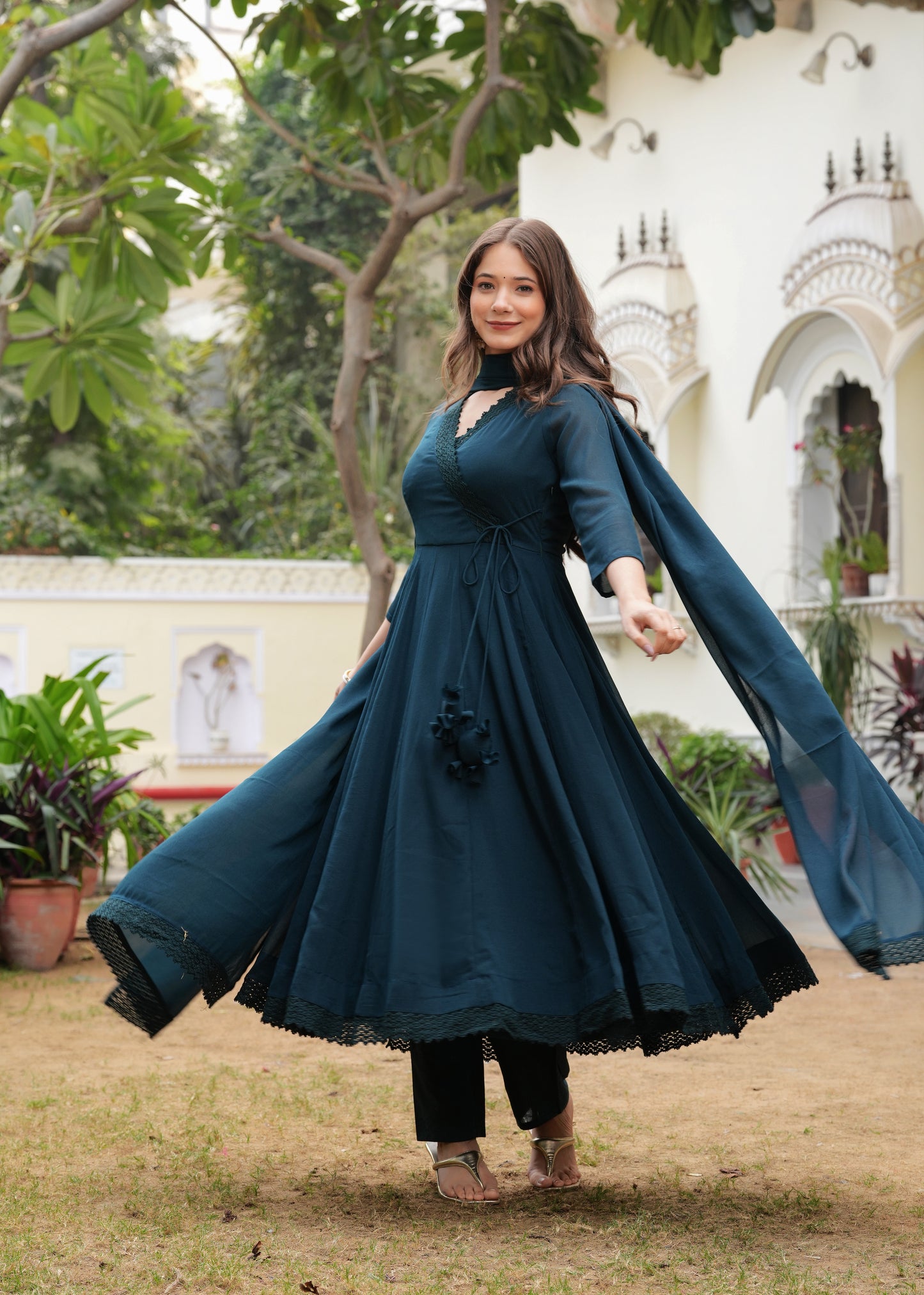 Teal Anarkali Solid Lace Work Kurta & Trousers With Dupatta