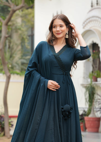 Teal Anarkali Solid Lace Work Kurta & Trousers With Dupatta