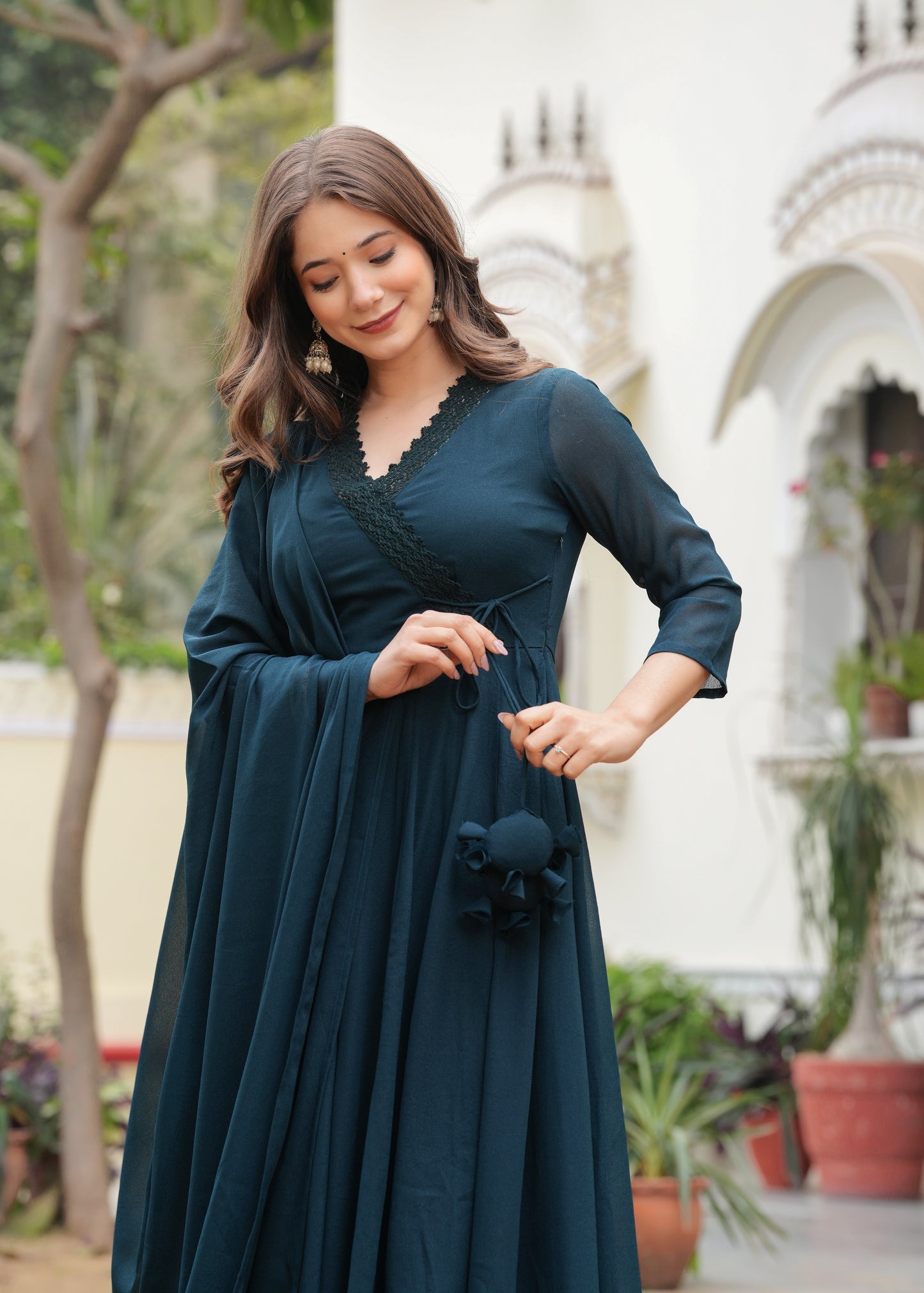 Teal Anarkali Solid Lace Work Kurta & Trousers With Dupatta