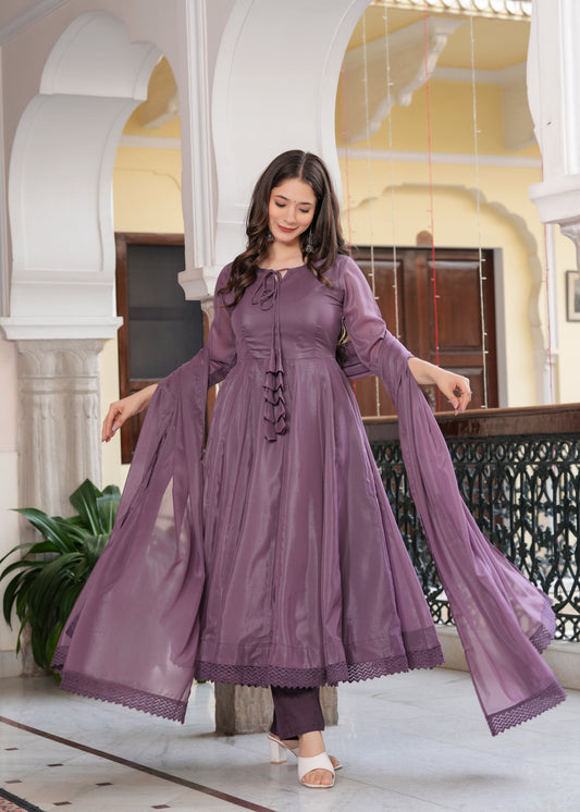 Purple Anarkali Solid Lace Work Kurta & Trousers With Dupatta