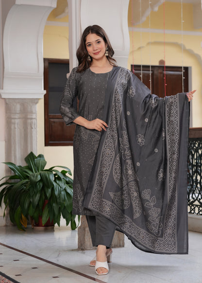 Grey Viscose Straight Printed  Kurta and Palazzo With Dupatta