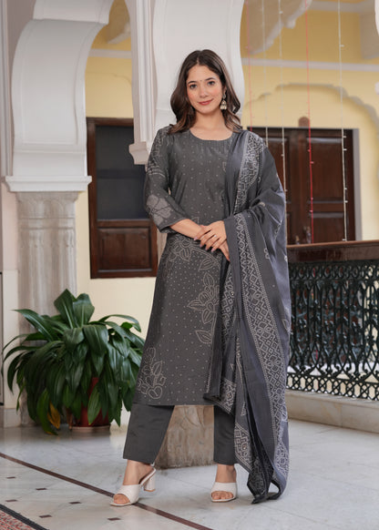 Grey Viscose Straight Printed  Kurta and Palazzo With Dupatta