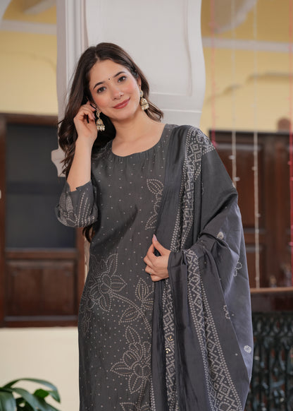 Grey Viscose Straight Printed  Kurta and Palazzo With Dupatta