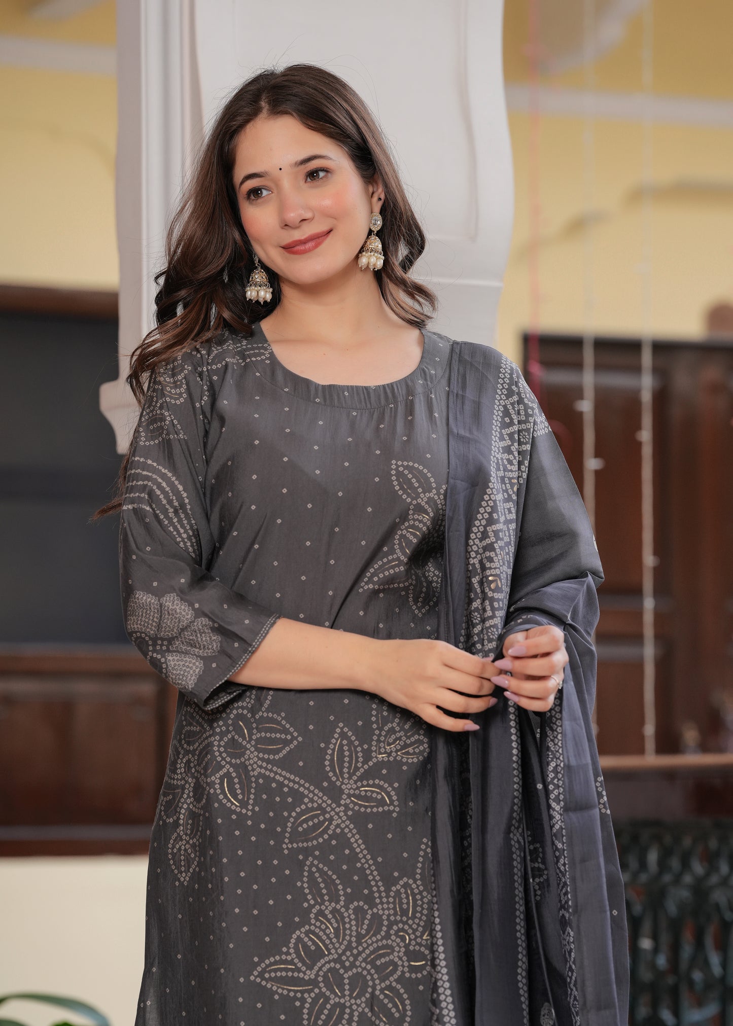 Grey Viscose Straight Printed  Kurta and Palazzo With Dupatta