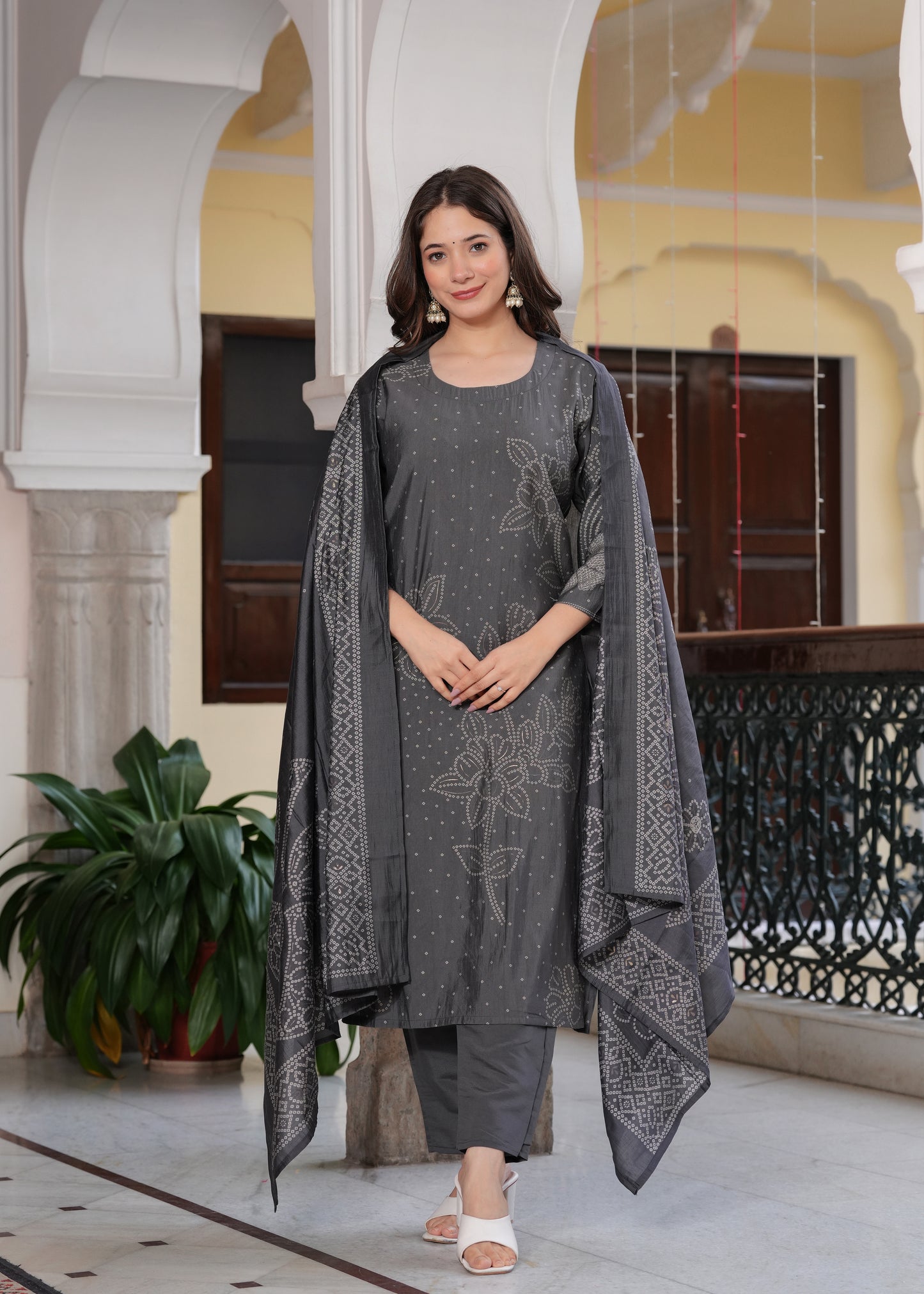 Grey Viscose Straight Printed  Kurta and Palazzo With Dupatta