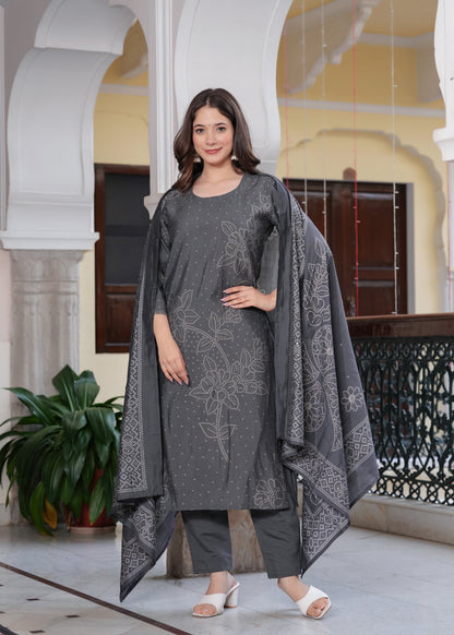 Grey Viscose Straight Printed  Kurta and Palazzo With Dupatta