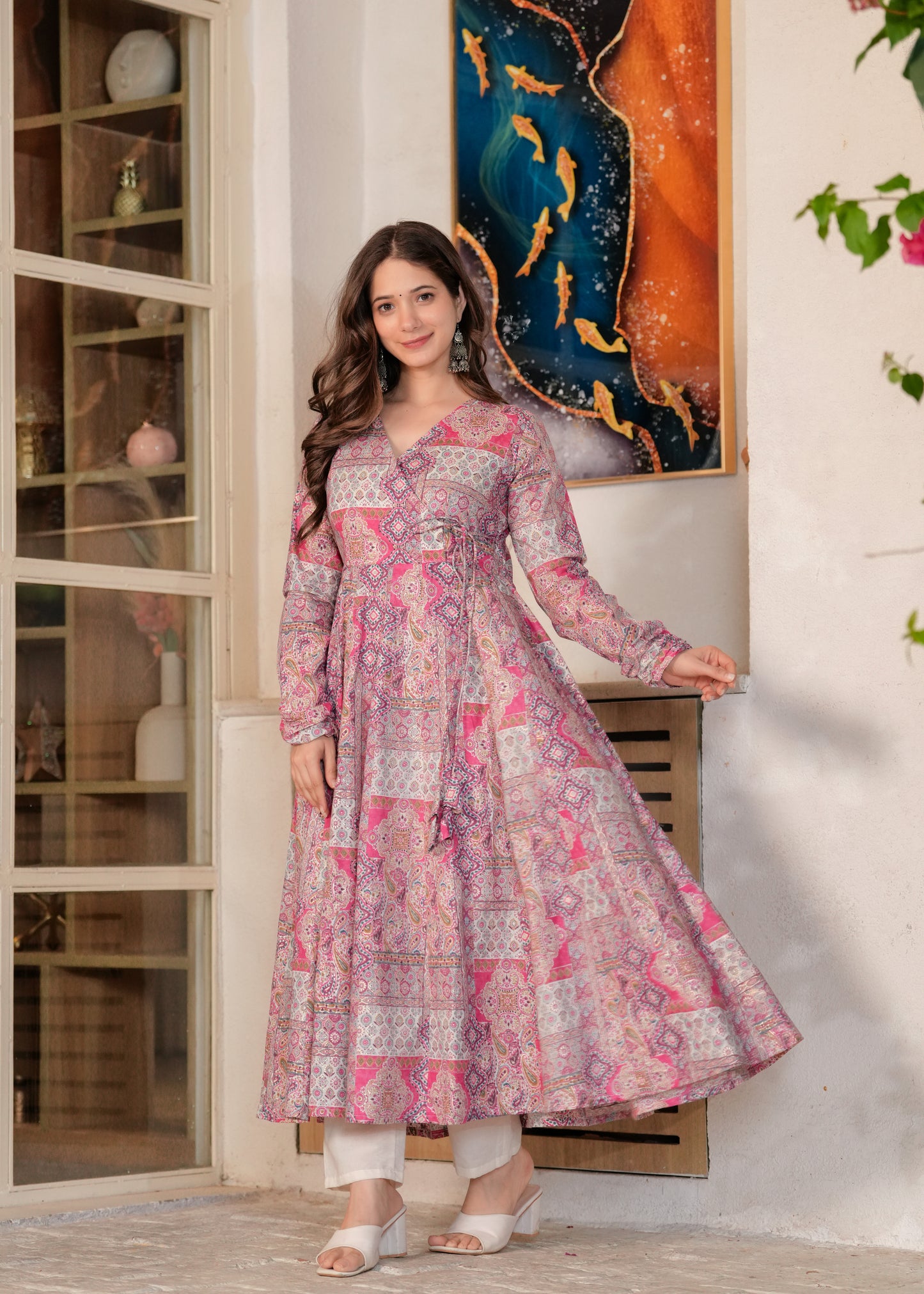 Pink Cambric Cotton Ethnic Motif Anarkali Kurta With Palazzo Set