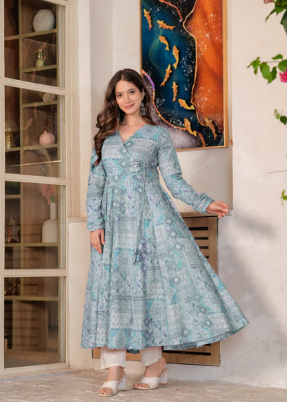 Firozi Cotton Ethnic Motif Anarkali Kurta With Palazzo Set
