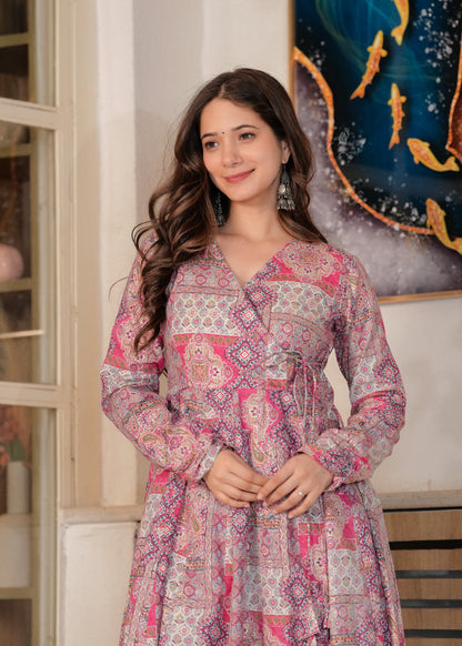 Pink Cambric Cotton Ethnic Motif Anarkali Kurta With Palazzo Set