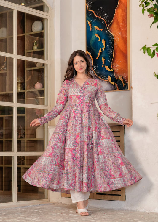 Pink Cambric Cotton Ethnic Motif Anarkali Kurta With Palazzo Set