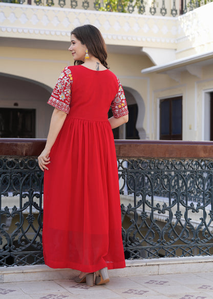 Red Fit And Flared Floral Embroidery Gown & Dresses