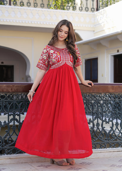 Red Fit And Flared Floral Embroidery Gown & Dresses