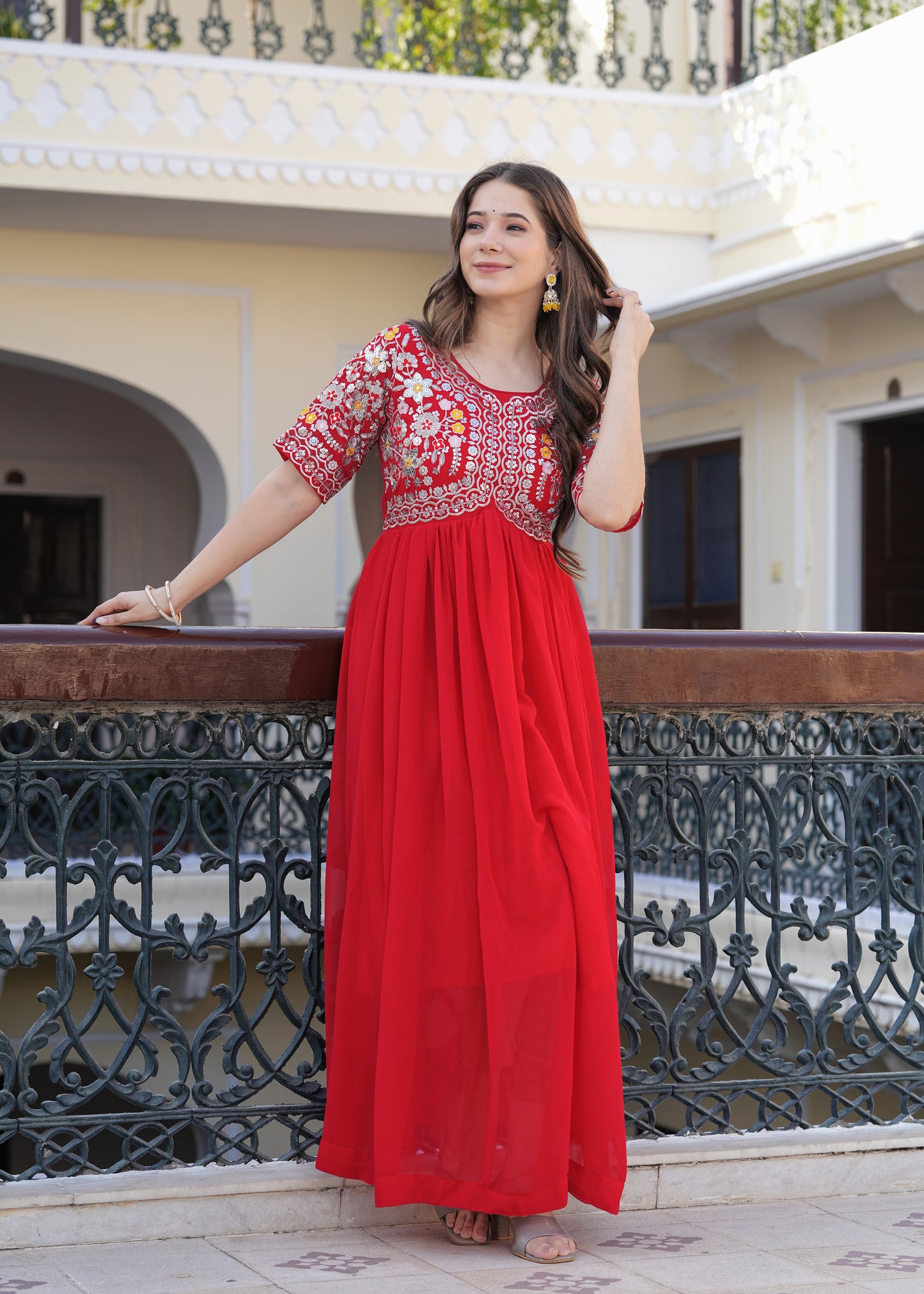 Red Fit And Flared Floral Embroidery Gown & Dresses