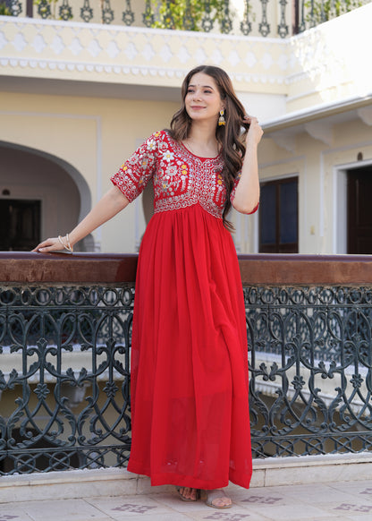 Red Fit And Flared Floral Embroidery Gown & Dresses