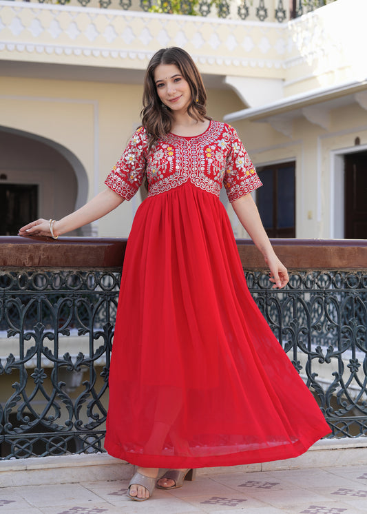 Red Fit And Flared Floral Embroidery Gown & Dresses