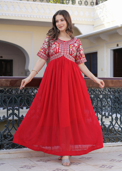 Red Fit And Flared Floral Embroidery Gown & Dresses