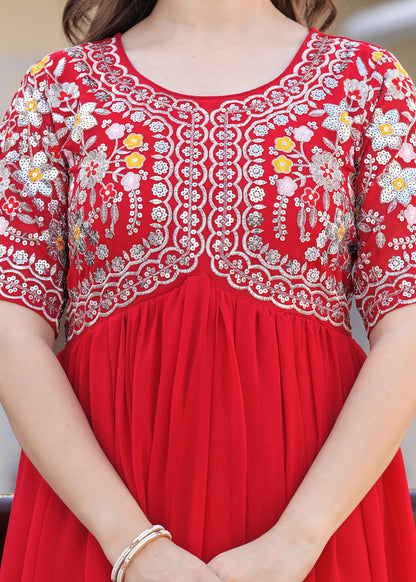 Red Fit And Flared Floral Embroidery Gown & Dresses