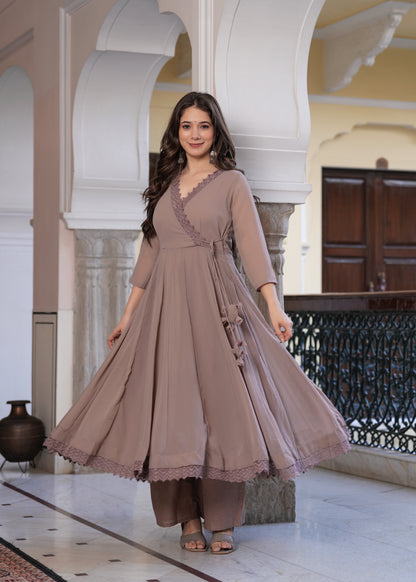 Beige Anarkali Solid Lace Work Kurta & Trousers With Dupatta