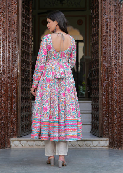 Multi Coloured Anarkali Ethnic Motifs Embroidered & Printed Schiffly Sequined Kurta & Trousers With Dupatta