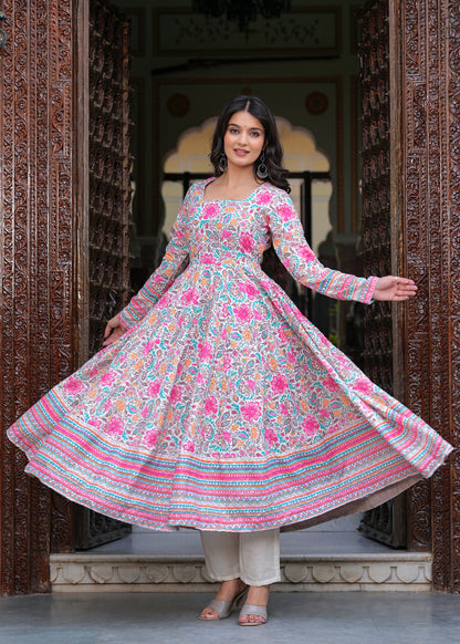 Multi Coloured Anarkali Ethnic Motifs Embroidered & Printed Schiffly Sequined Kurta & Trousers With Dupatta