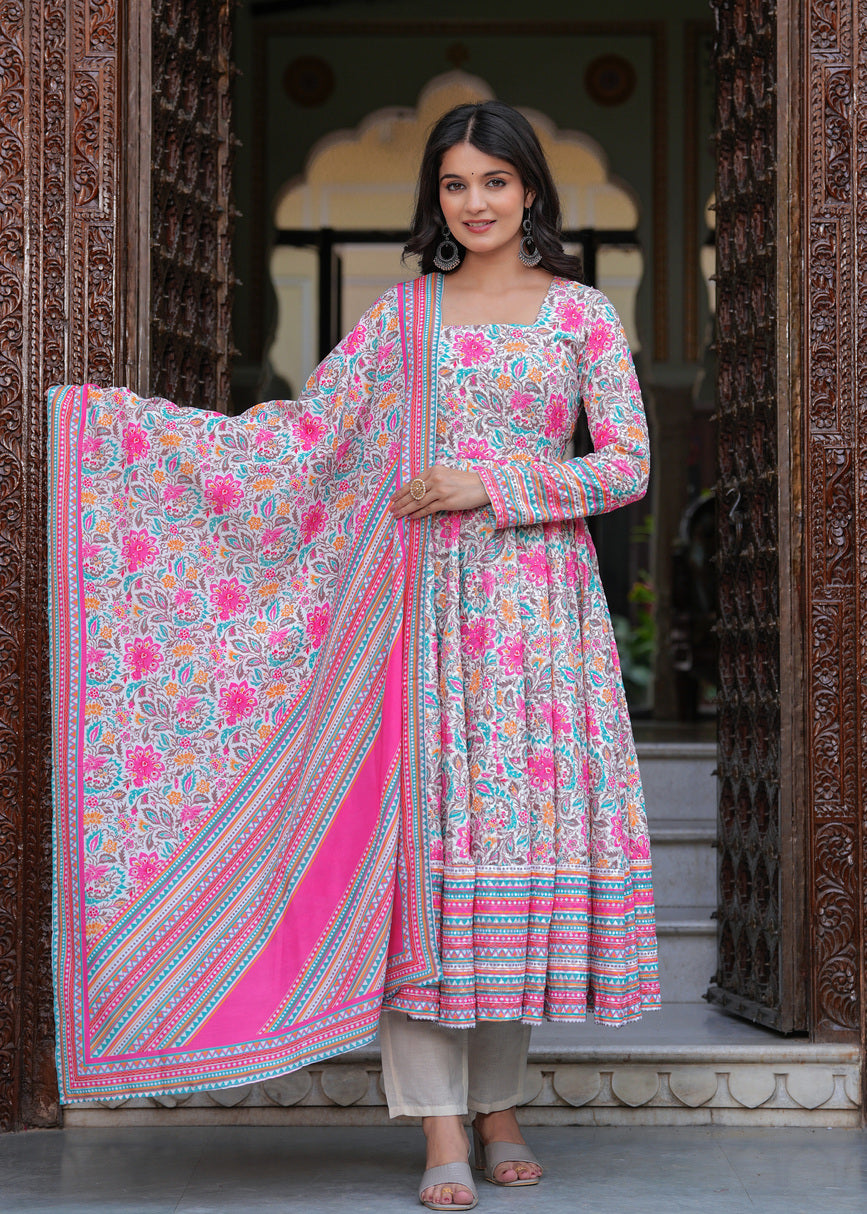 Multi Coloured Anarkali Ethnic Motifs Embroidered & Printed Schiffly Sequined Kurta & Trousers With Dupatta