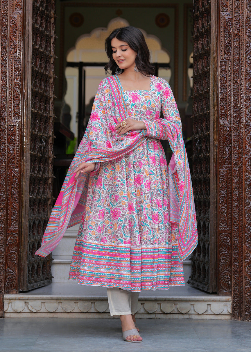 Multi Coloured Anarkali Ethnic Motifs Embroidered & Printed Schiffly Sequined Kurta & Trousers With Dupatta