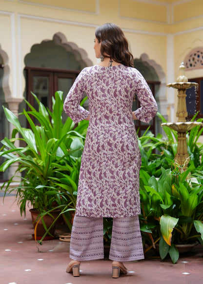 Purple Straight Printed Kurta and Palazzo With Dupatta