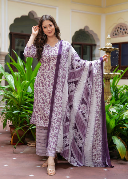 Purple Straight Printed Kurta and Palazzo With Dupatta