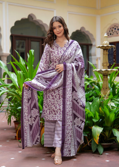 Purple Straight Printed Kurta and Palazzo With Dupatta