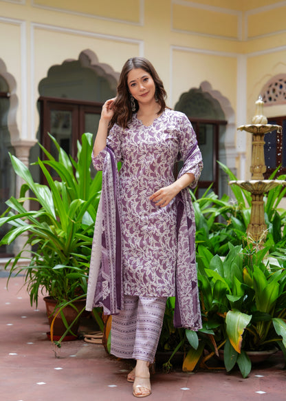 Purple Straight Printed Kurta and Palazzo With Dupatta