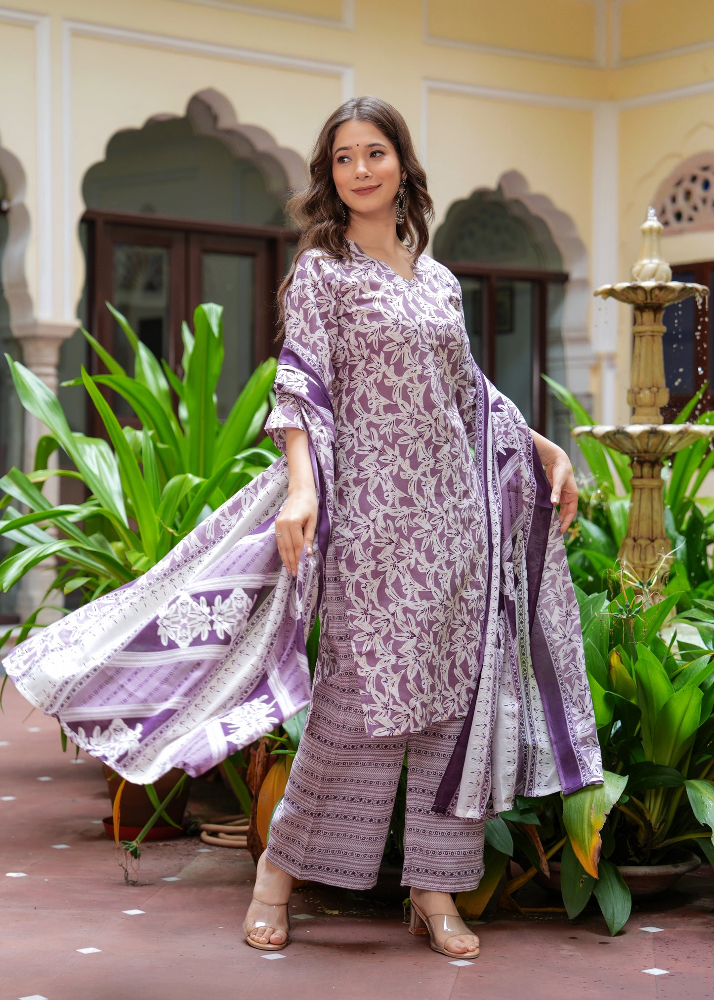 Purple Straight Printed Kurta and Palazzo With Dupatta