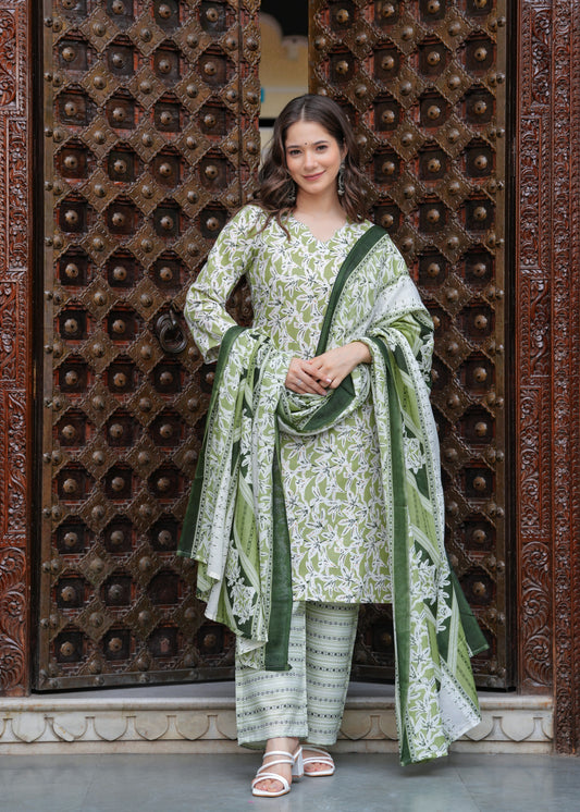 Green Straight Printed Kurta and Palazzo With Dupatta