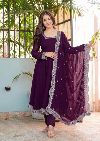 Purple Anarkali Ethnic Motifs Embroidered Sequined Kurta & Trousers With Dupatta