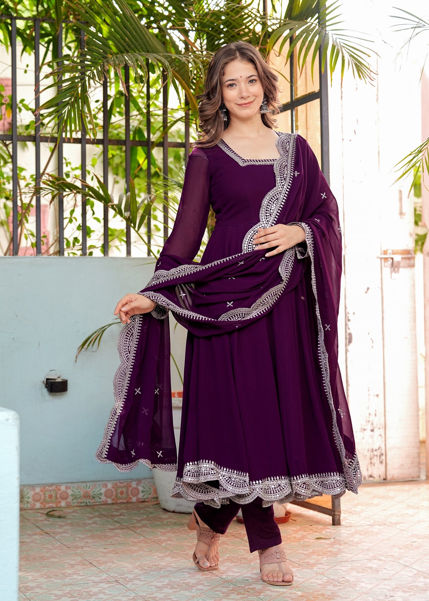 Purple Anarkali Ethnic Motifs Embroidered Sequined Kurta & Trousers With Dupatta