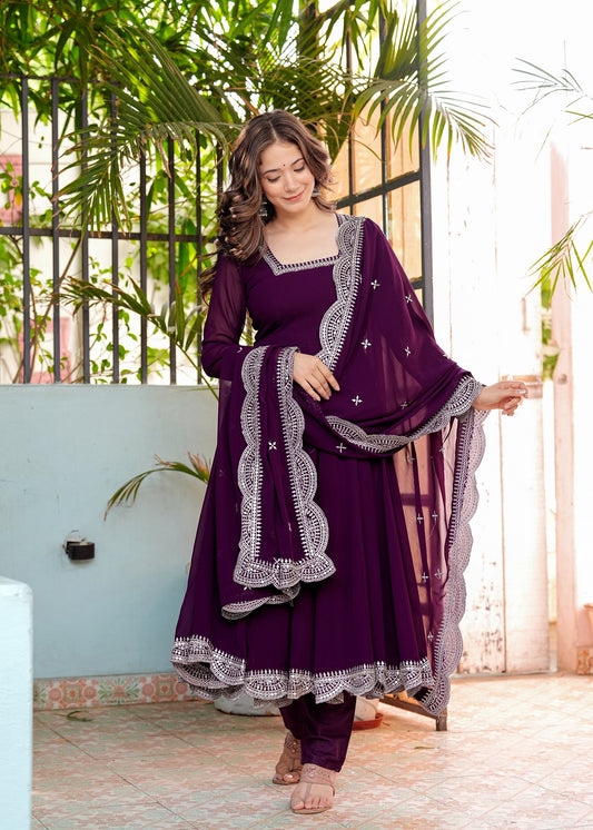 Purple Anarkali Ethnic Motifs Embroidered Sequined Kurta & Trousers With Dupatta