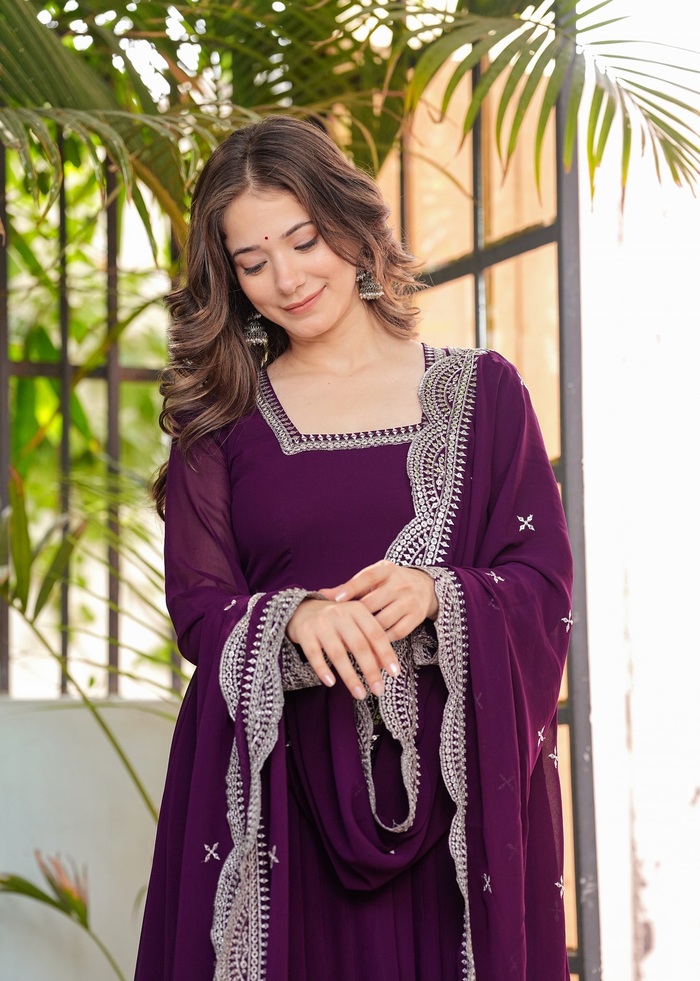 Purple Anarkali Ethnic Motifs Embroidered Sequined Kurta & Trousers With Dupatta