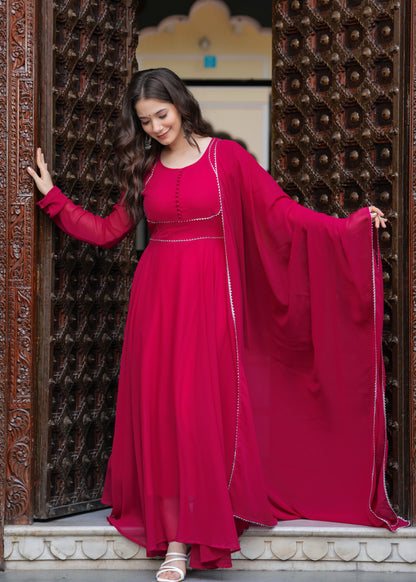 Pink Flared Yoke Design Solid Kurta With Dupatta Set