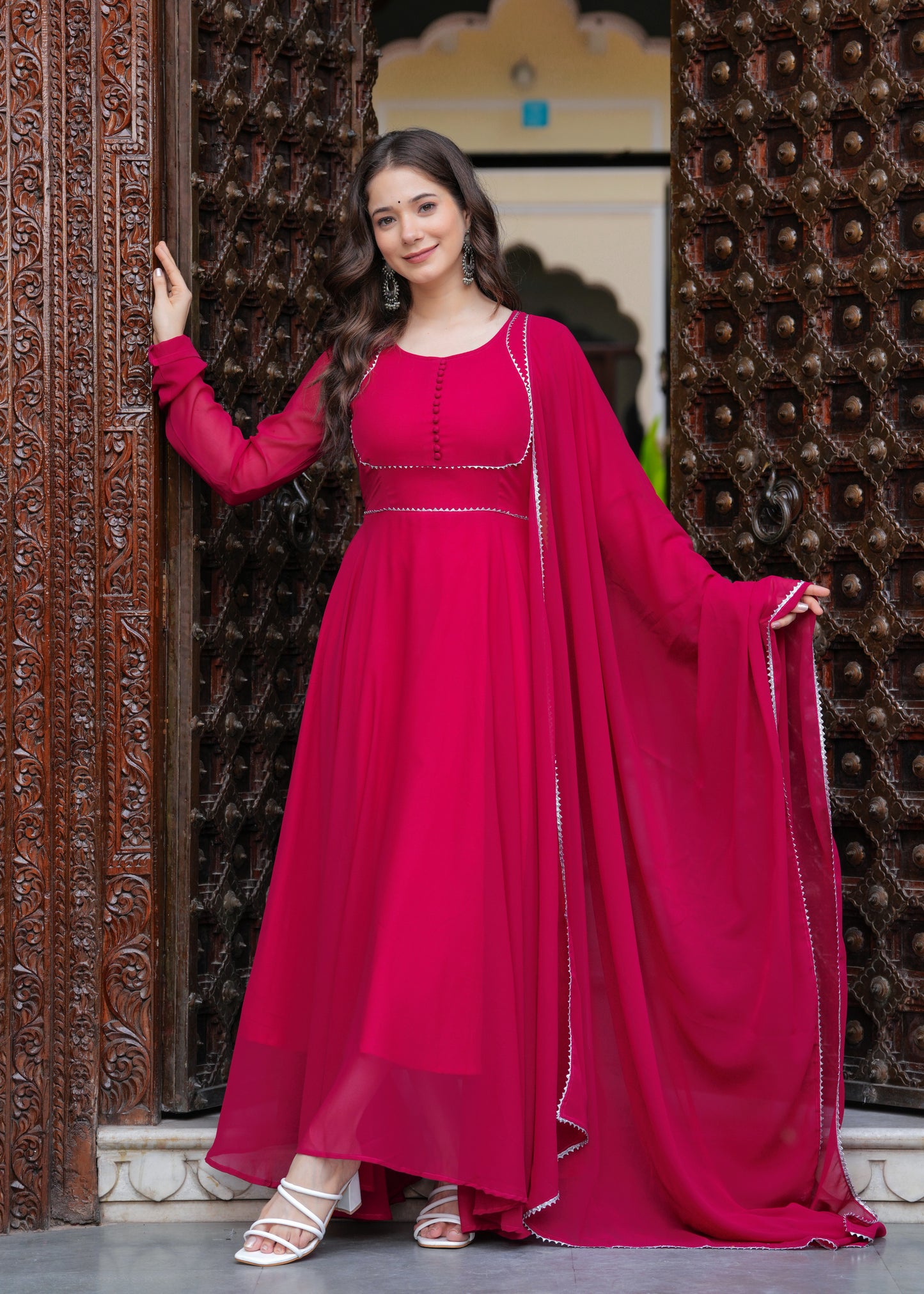 Pink Flared Yoke Design Solid Kurta With Dupatta Set