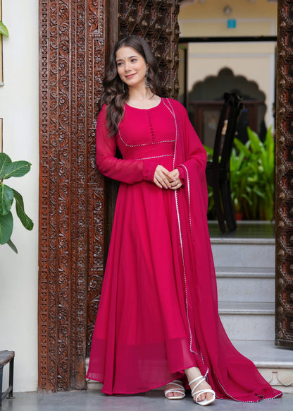 Pink Flared Yoke Design Solid Kurta With Dupatta Set