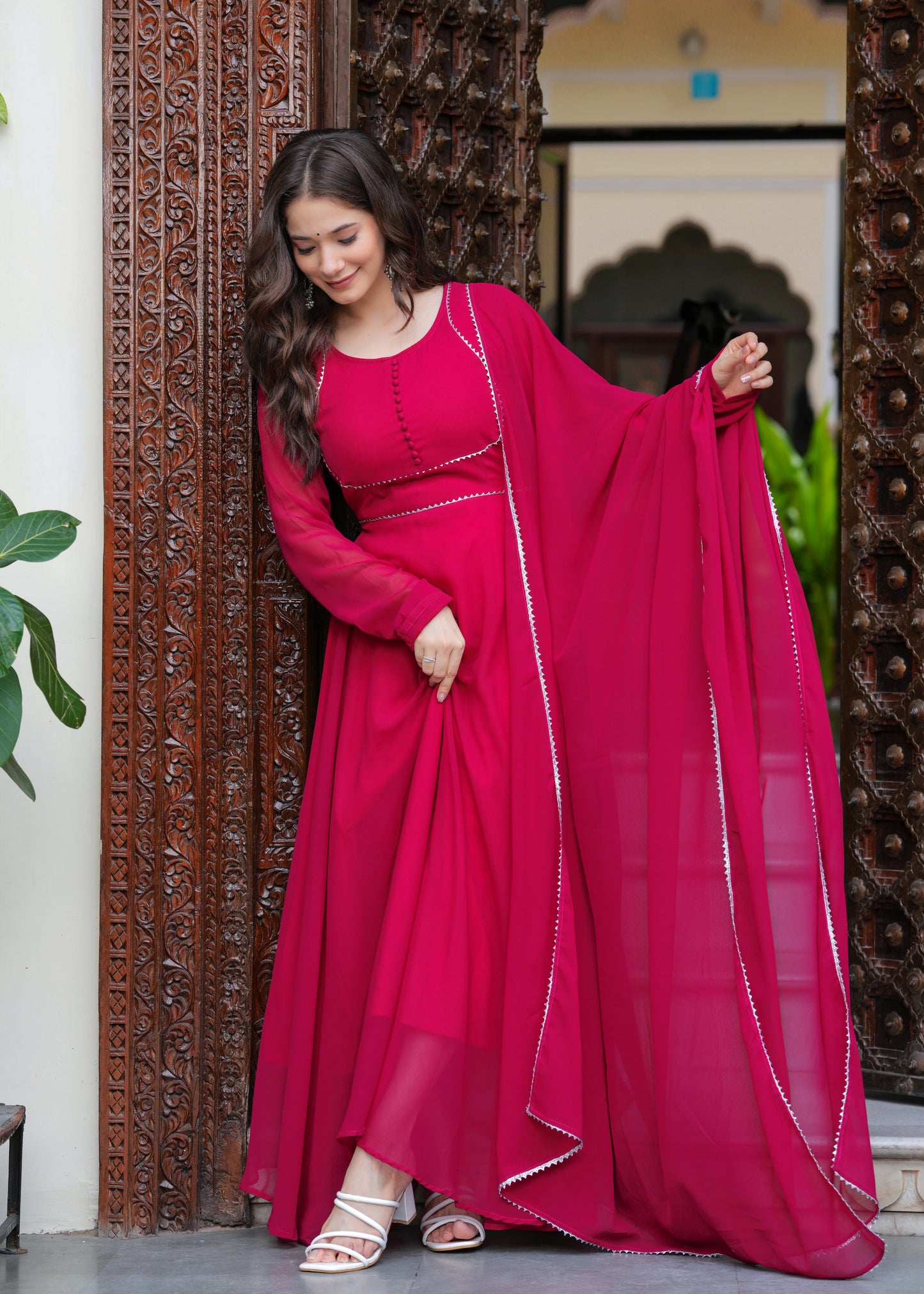 Pink Flared Yoke Design Solid Kurta With Dupatta Set