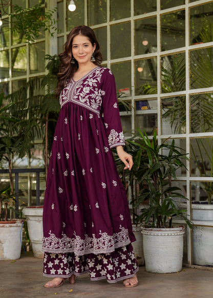 Wine Rayon Ethnic Motif Embroidery Fit And Flared  Kurta With Sharara Set