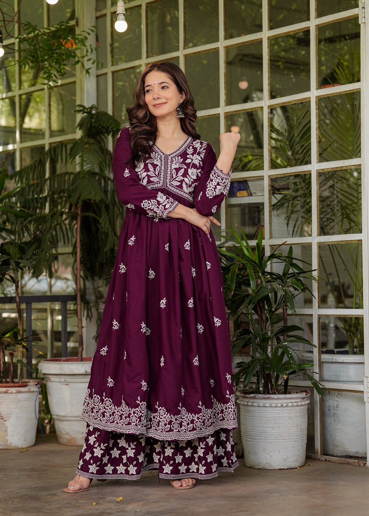 Wine Rayon Ethnic Motif Embroidery Fit And Flared  Kurta With Sharara Set