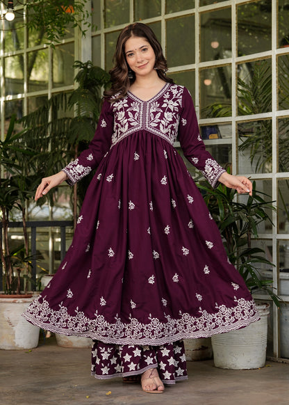 Wine Rayon Ethnic Motif Embroidery Fit And Flared  Kurta With Sharara Set