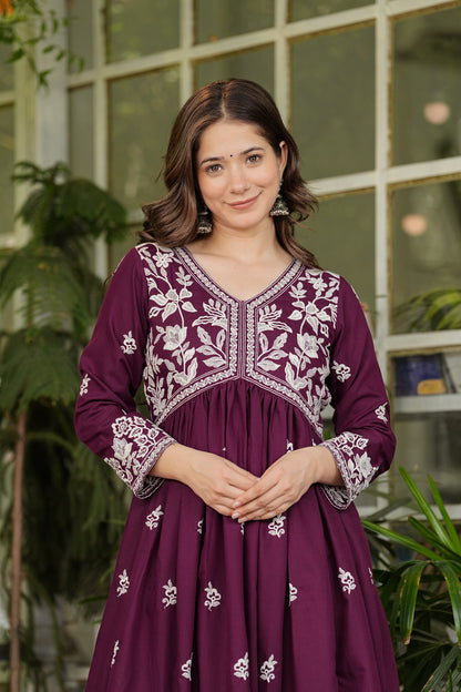 Wine Rayon Ethnic Motif Embroidery Fit And Flared  Kurta With Sharara Set