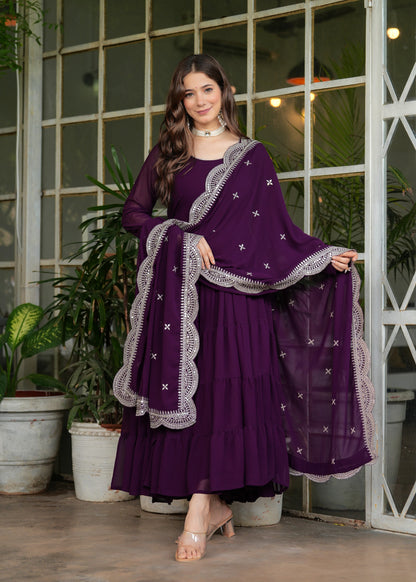 Wine Layered Ethnic Motifs Embroidered Sequined Kurta With Dupatta Set