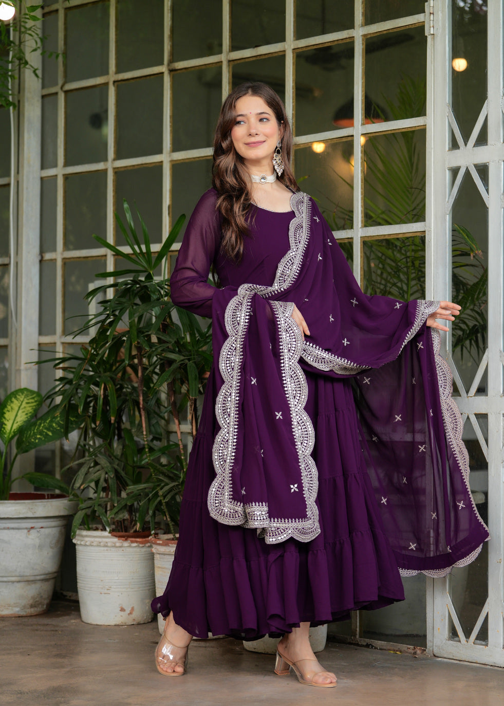 Wine Layered Ethnic Motifs Embroidered Sequined Kurta With Dupatta Set