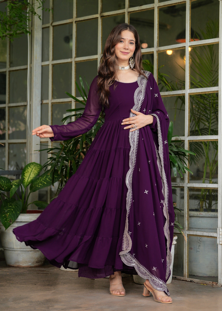 Wine Layered Ethnic Motifs Embroidered Sequined Kurta With Dupatta Set