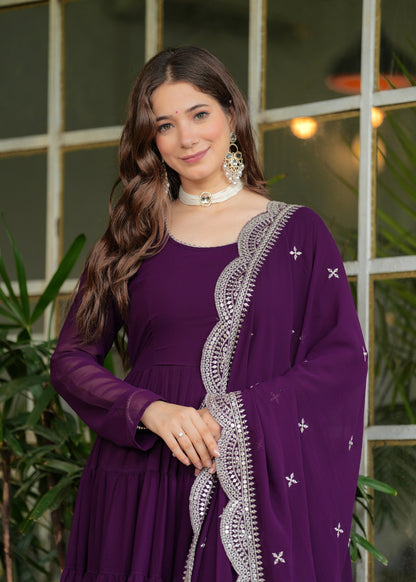 Wine Layered Ethnic Motifs Embroidered Sequined Kurta With Dupatta Set