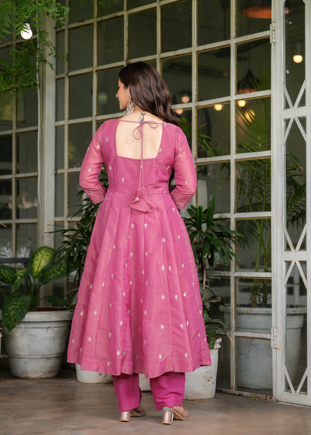 Pink Anarkali Ethnic Motifs Embroidered Sequined Kurta & Trousers With Dupatta